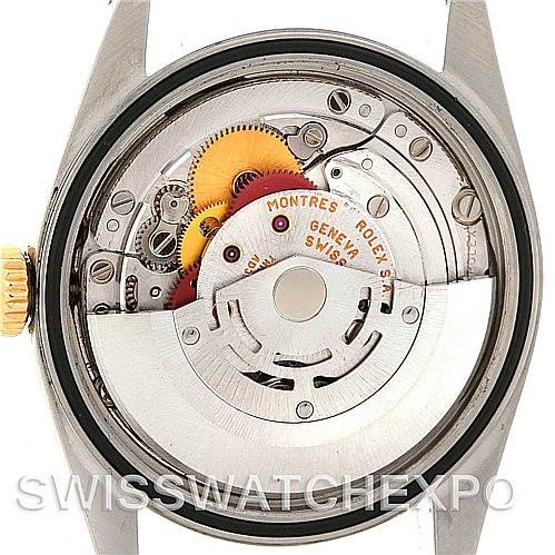 This image shows the inner mechanism of a Rolex Datejust 16233 Men's Steel and Gold (two tone) White Dial 16233 Men's Steel and Gold (two tone) White Dial watch from a back view angle.