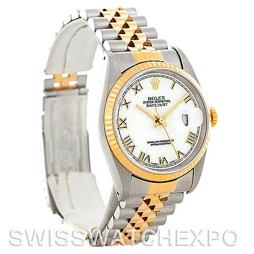 This image shows a Rolex Datejust 16233 Men's Steel and Gold (two tone) White Dial 16233 Men's Steel and Gold (two tone) White Dial watch at a three-quarter angle emphasizing the dial, bezel, and two-tone bracelet.