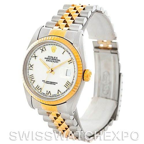 The image shows a Rolex Datejust 16233 Men's Steel and Gold (two tone) White Dial 16233 Men's Steel and Gold (two tone) White Dial watch from a front-side angle with focus on the dial, bezel, and two-tone bracelet.