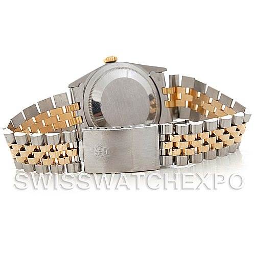 This image shows the back view of a Rolex Datejust 16233 Men's Steel and Gold (two tone) White Dial 16233 Men's Steel and Gold (two tone) White Dial watch, highlighting its case back, crown, and the two-tone Jubilee bracelet.