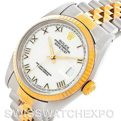 This image shows a Rolex Datejust 16233 Men's Steel and Gold (two tone) White Dial 16233 Men's Steel and Gold (two tone) White Dial watch at an angled top view, highlighting its face, bezel, bracelet, and crown.