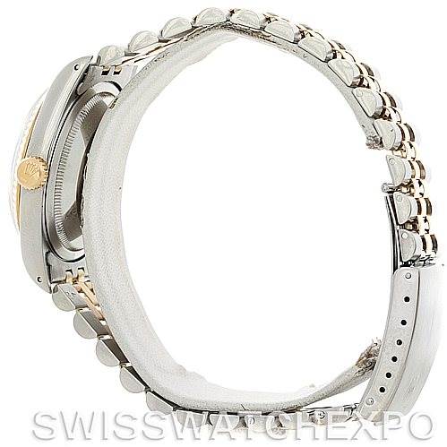 The image shows a side view of the Rolex Datejust 16233 Men's Steel and Gold (two tone) White Dial 16233 Men's Steel and Gold (two tone) White Dial watch, highlighting its bracelet and partial side profile of the case.