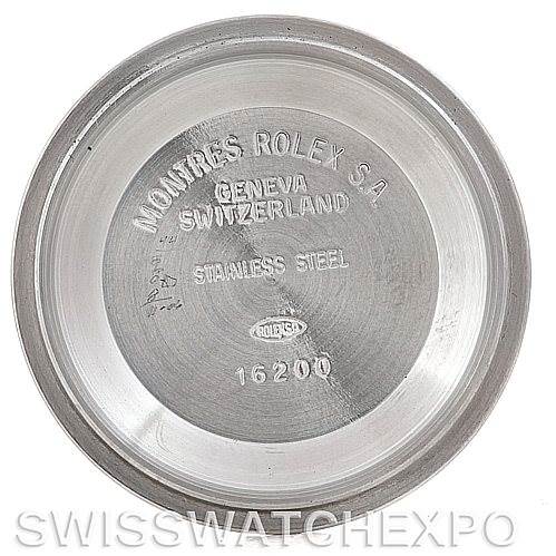 The image shows the underside of the case back of a Rolex Datejust 16233 Men's Steel and Gold (two tone) White Dial 16233 Men's Steel and Gold (two tone) White Dial watch.