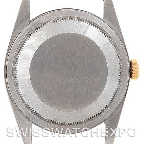 This image shows the case back and crown of a Rolex Datejust 16233 Men's Steel and Gold (two tone) White Dial 16233 Men's Steel and Gold (two tone) White Dial watch from a straight-on angle.