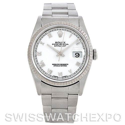 The image shows a front view of a Rolex Datejust 16234 Men's Stainless Steel White Dial 16234 Men's Stainless Steel White Dial watch, displaying its dial, bezel, bracelet, and date window.