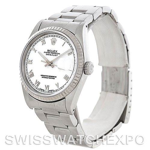The image shows a Rolex Datejust 16234 Men's Stainless Steel White Dial 16234 Men's Stainless Steel White Dial watch angled slightly from the front-right, displaying its face, bezel, crown, and part of the bracelet.