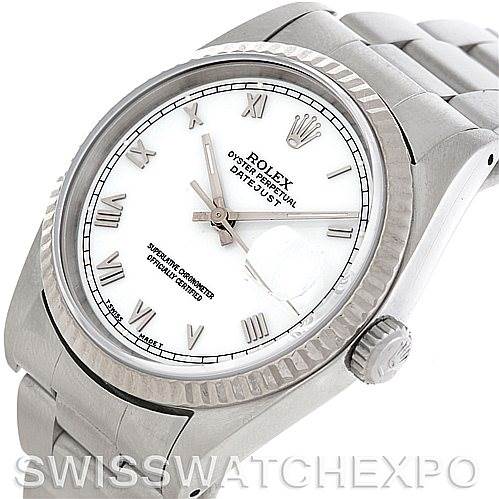 This is a close-up angled view of the Rolex Datejust 16234 Men's Stainless Steel White Dial 16234 Men's Stainless Steel White Dial model, showing its watch face, bezel, crown, and part of the bracelet.