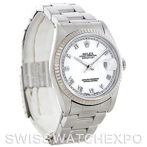 This image shows a front and slightly angled side view of the Rolex Datejust 16234 Men's Stainless Steel White Dial 16234 Men's Stainless Steel White Dial watch, featuring its bracelet, bezel, and dial.