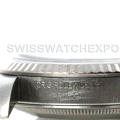 The image shows a close-up side view of the case and part of the bezel of a Rolex Datejust 16234 Men's Stainless Steel White Dial 16234 Men's Stainless Steel White Dial watch, displaying the engraved model number 16234.