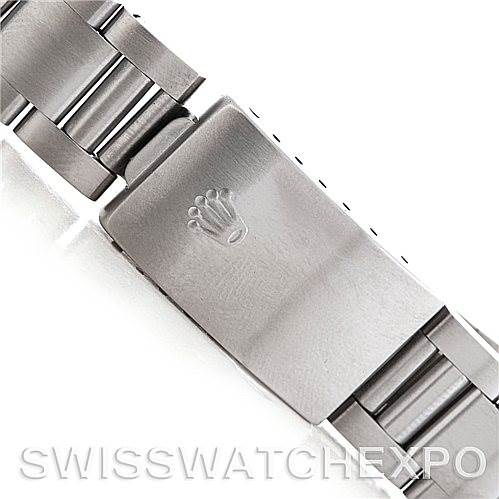 The image shows a close-up of the clasp on a Rolex Datejust 16234 Men's Stainless Steel White Dial 16234 Men's Stainless Steel White Dial watch bracelet, featuring the brand's logo.