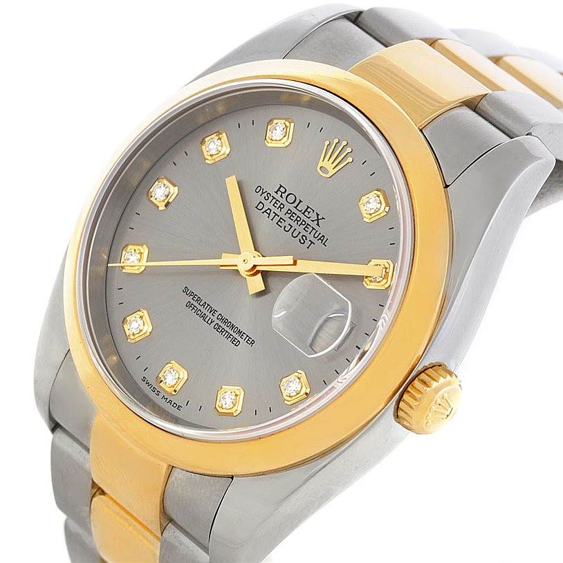 The image shows a close-up angled view of the Rolex Datejust 116203 Men's Stainless Steel Grey Dial 116203 Men's Stainless Steel Grey Dial watch, highlighting the dial, crown, and part of the bracelet.