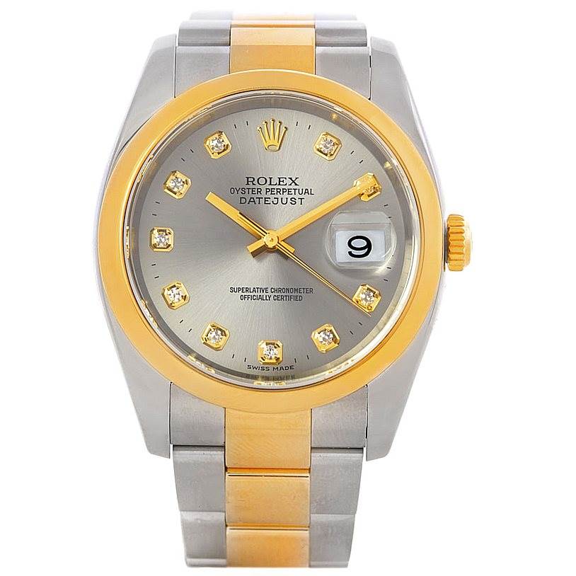 This is a full front view of the Rolex Datejust 116203 Men's Stainless Steel Grey Dial 116203 Men's Stainless Steel Grey Dial watch showing the dial, bezel, crown, and bracelet.