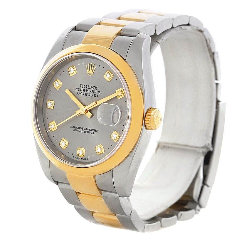 The image shows a Rolex Datejust 116203 Men's Stainless Steel Grey Dial 116203 Men's Stainless Steel Grey Dial watch at a three-quarter angle, highlighting its two-tone bracelet, bezel, and diamond hour markers.