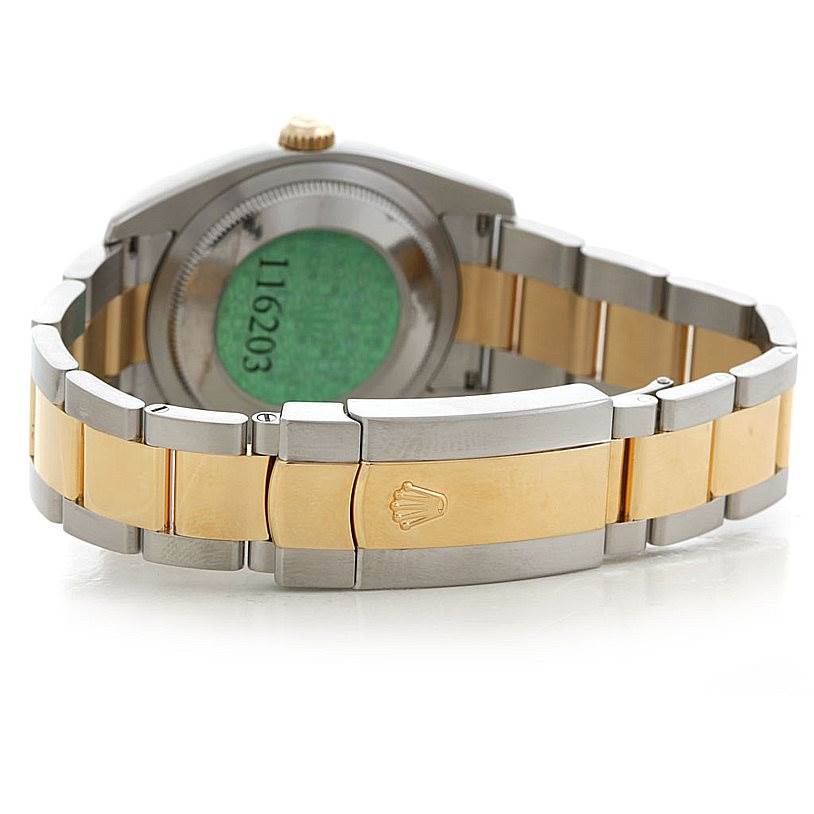 The image shows the back and bracelet of a Rolex Datejust 116203 Men's Stainless Steel Grey Dial 116203 Men's Stainless Steel Grey Dial watch, emphasizing the two-tone metal and Rolex emblem.