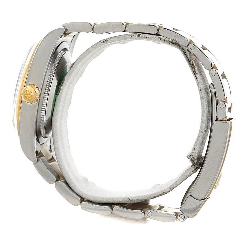 This side-angle view shows the case, crown, and bracelet of the Rolex Datejust 116203 Men's Stainless Steel Grey Dial 116203 Men's Stainless Steel Grey Dial watch model.