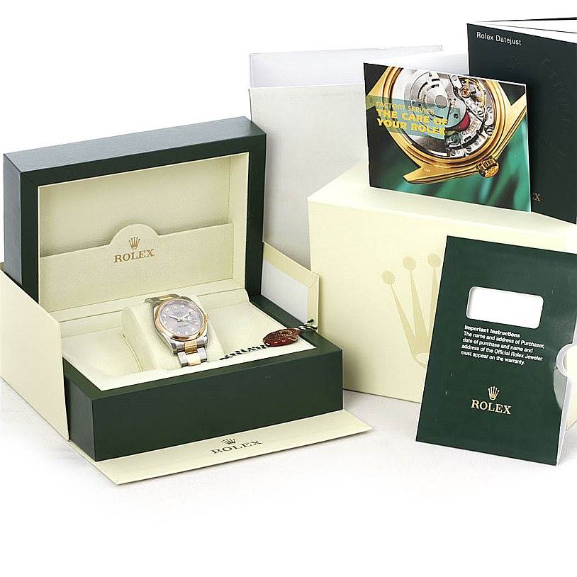The image shows a Rolex Datejust 116203 Men's Stainless Steel Grey Dial 116203 Men's Stainless Steel Grey Dial watch in its open presentation box, with accompanying booklets and packaging accessories.