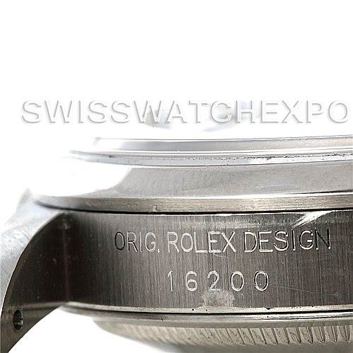 The image shows a close-up side view of the casing of a Rolex Datejust 16200 Men's Stainless Steel Black Dial 16200 Men's Stainless Steel Black Dial watch, revealing the "ORIG. ROLEX DESIGN 16200" engraving.