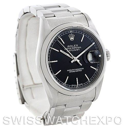 The image shows the Rolex Datejust 16200 Men's Stainless Steel Black Dial 16200 Men's Stainless Steel Black Dial watch at a three-quarter front angle, displaying the dial, bracelet, crown, and casing.