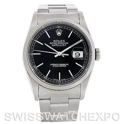 This image shows a front view of a Rolex Datejust 16200 Men's Stainless Steel Black Dial 16200 Men's Stainless Steel Black Dial watch, displaying its face, hour markers, hands, date window, and bracelet.