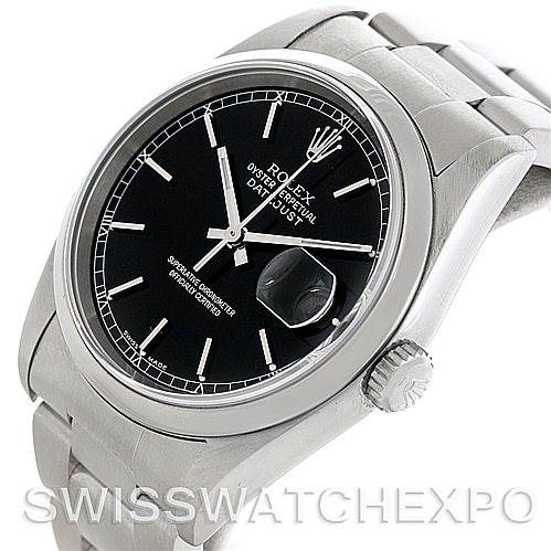 This image shows a Rolex Datejust 16200 Men's Stainless Steel Black Dial 16200 Men's Stainless Steel Black Dial watch from an angled top view, highlighting its black dial, crown, and part of the metal bracelet.
