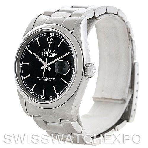 This image shows a Rolex Datejust 16200 Men's Stainless Steel Black Dial 16200 Men's Stainless Steel Black Dial watch from an angled front view, displaying the face, crown, and part of the bracelet.