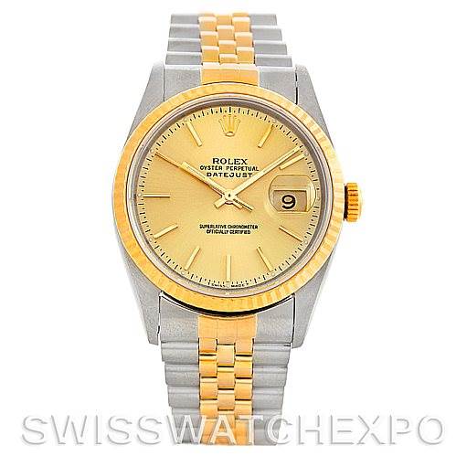 The image shows a front view of a Rolex Datejust 16233 Men's Steel and Gold (two tone) Champagne Dial 16233 Men's Steel and Gold (two tone) Champagne Dial watch, highlighting the gold dial, date window, and two-tone bracelet.