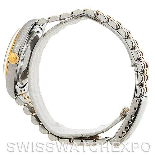 The image shows a side profile of a Rolex Datejust 16233 Men's Steel and Gold (two tone) Champagne Dial 16233 Men's Steel and Gold (two tone) Champagne Dial watch, highlighting the bracelet, case, bezel, and clasp.