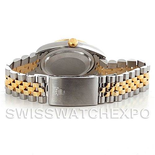 This image shows the back view of a Rolex Datejust 16233 Men's Steel and Gold (two tone) Champagne Dial 16233 Men's Steel and Gold (two tone) Champagne Dial with a steel and gold Jubilee bracelet and clasp.