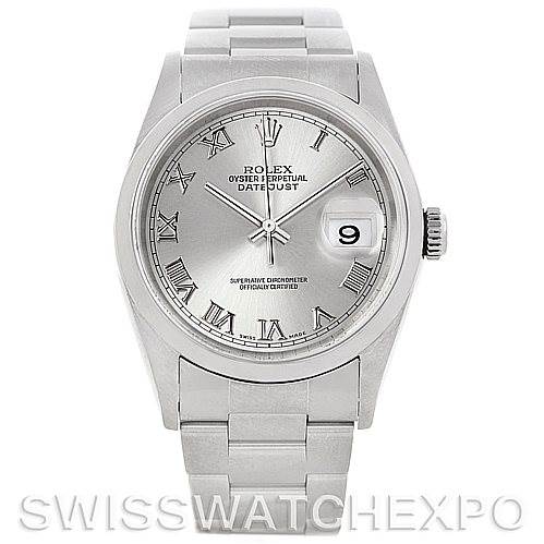 The image shows a front view of a Rolex Datejust Men's Stainless Steel Silver Dial Men's Stainless Steel Silver Dial watch, highlighting its dial, bracelet, and date window.
