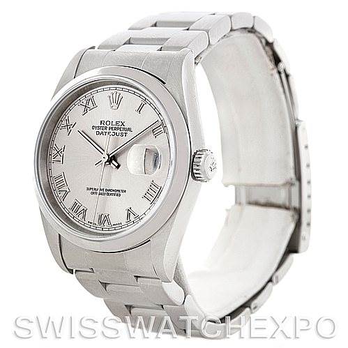 This image depicts a Rolex Datejust Men's Stainless Steel Silver Dial Men's Stainless Steel Silver Dial watch at a front angled view, showcasing its face, bezel, and bracelet.