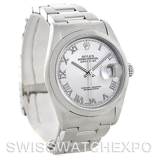 This image shows a Rolex Datejust Men's Stainless Steel Silver Dial Men's Stainless Steel Silver Dial watch angled slightly to the left, displaying its face, bezel, case, and part of the bracelet.