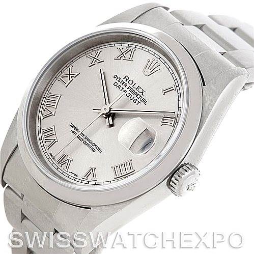 The image shows a close-up angle of a Rolex Datejust Men's Stainless Steel Silver Dial Men's Stainless Steel Silver Dial watch, highlighting its dial, bracelet, and crown.