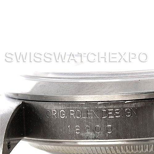 The image shows the side of a Rolex Datejust Men's Stainless Steel Silver Dial Men's Stainless Steel Silver Dial watch casing, displaying the engraving "ORIG. ROLEX DESIGN 16200".
