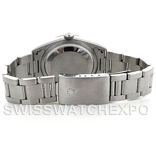 This image shows the back view of a Rolex Datejust Men's Stainless Steel Silver Dial Men's Stainless Steel Silver Dial watch, highlighting the case back and the clasp of the bracelet.