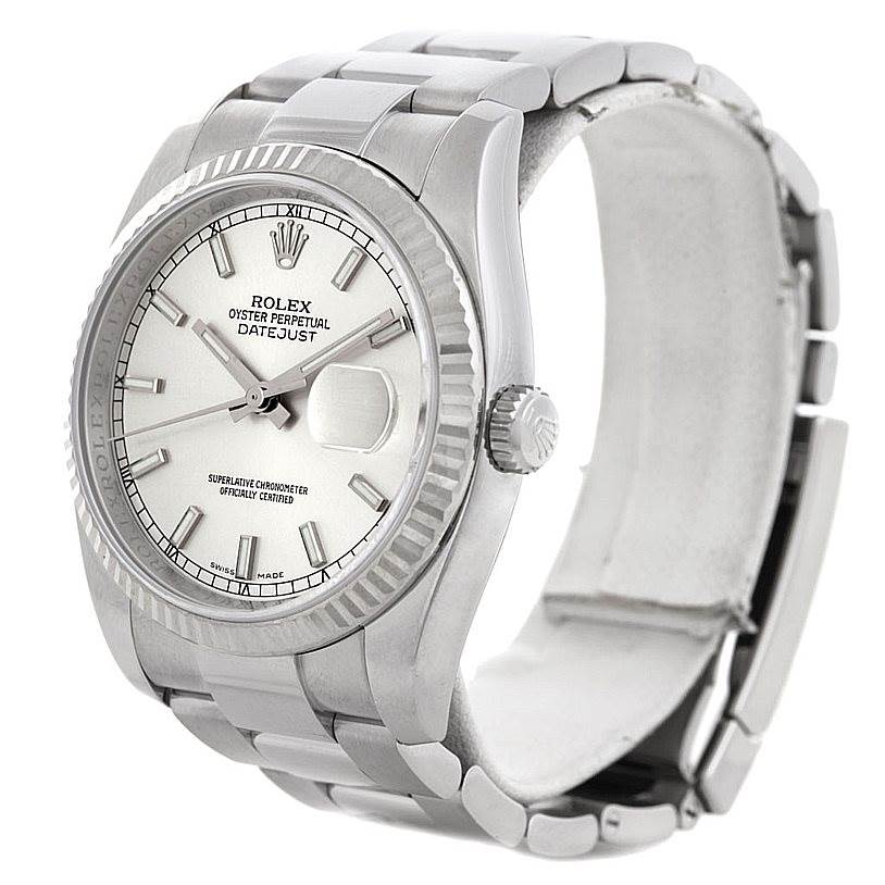 The Rolex Datejust 116234 Men
s Stainless Steel Silver Dial 116234 Men
s Stainless Steel Silver Dial watch is shown at a three-quarter angle, highlighting its face, bezel, crown, and bracelet.