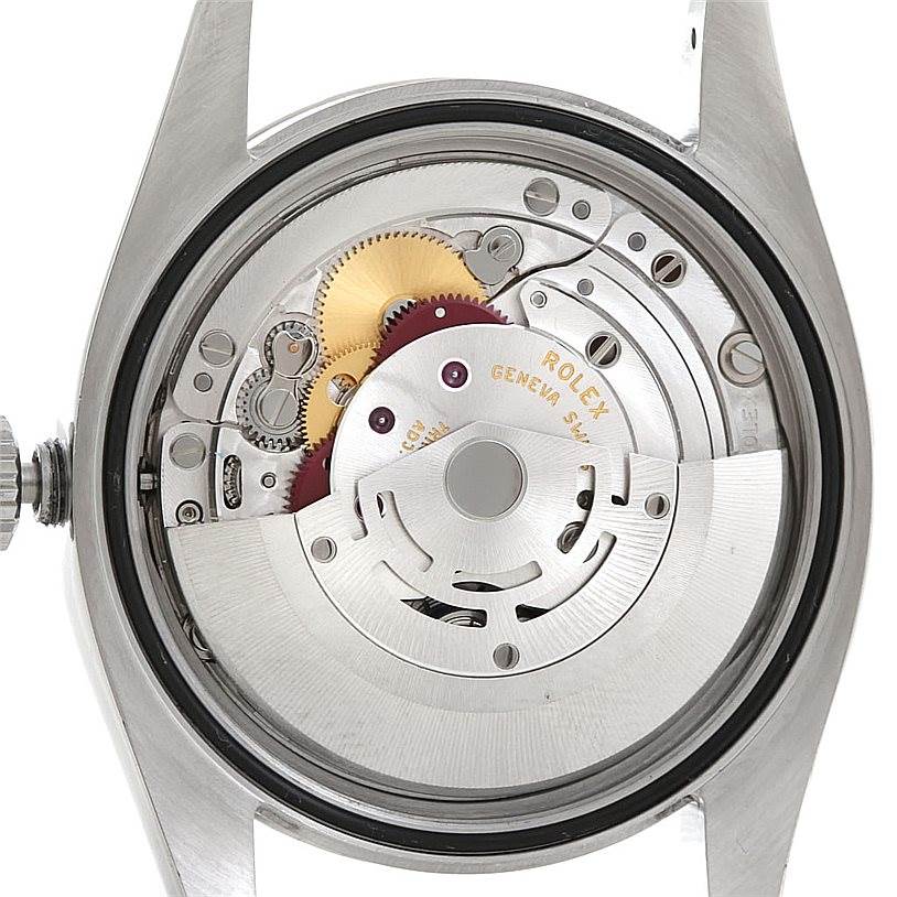 This image shows the internal mechanism of a Rolex Datejust 116234 Men
s Stainless Steel Silver Dial 116234 Men
s Stainless Steel Silver Dial watch from a rear angle with the back case removed.