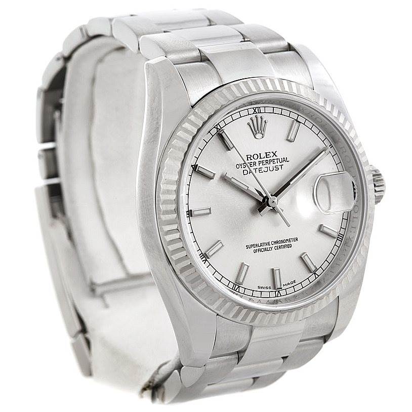 The image shows a silver Rolex Datejust 116234 Men
s Stainless Steel Silver Dial 116234 Men
s Stainless Steel Silver Dial watch at a three-quarter angle, displaying the dial, bezel, crown, and part of the bracelet.
