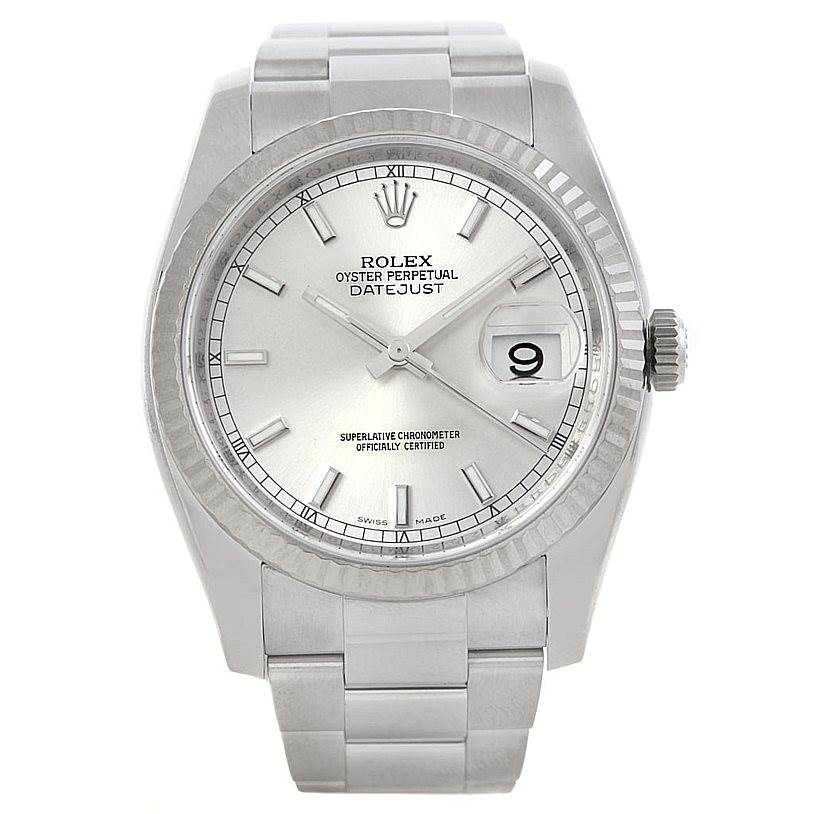 This image shows a front view of the Rolex Datejust 116234 Men
s Stainless Steel Silver Dial 116234 Men
s Stainless Steel Silver Dial watch, highlighting its face, bezel, and bracelet.
