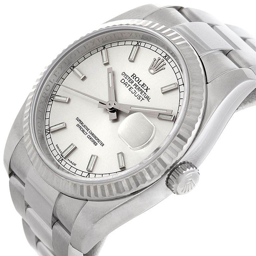 The angle displays the face, bezel, crown, and part of the bracelet of the Rolex Datejust 116234 Men
s Stainless Steel Silver Dial 116234 Men
s Stainless Steel Silver Dial watch.