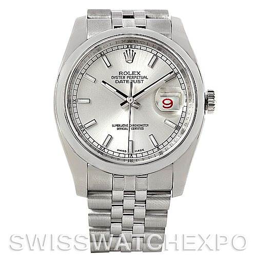 The image shows a frontal view of a Rolex Datejust 116200 Men's Stainless Steel Silver Dial 116200 Men's Stainless Steel Silver Dial watch, displaying the dial, bezel, crown, and part of the bracelet.