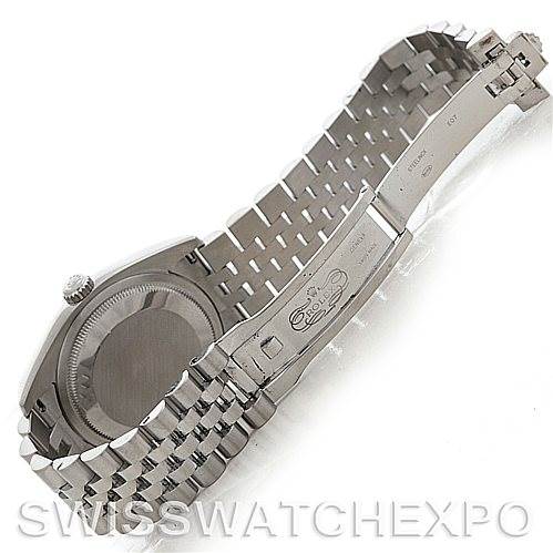 The image shows the backside and clasp of a Rolex Datejust 116200 Men's Stainless Steel Silver Dial 116200 Men's Stainless Steel Silver Dial model, highlighting its bracelet and deployment clasp.