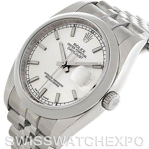 The image shows a top-side angle of a Rolex Datejust 116200 Men's Stainless Steel Silver Dial 116200 Men's Stainless Steel Silver Dial watch, highlighting the dial, bezel, and part of the bracelet.