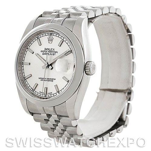 This image shows a Rolex Datejust 116200 Men's Stainless Steel Silver Dial 116200 Men's Stainless Steel Silver Dial watch from a front and slight side angle, highlighting its face, bezel, and bracelet.