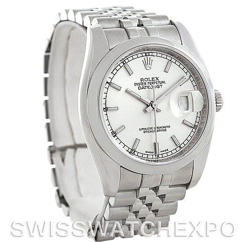 The Rolex Datejust 116200 Men's Stainless Steel Silver Dial 116200 Men's Stainless Steel Silver Dial watch is shown at a three-quarter angle, highlighting the dial, bezel, bracelet, and crown.