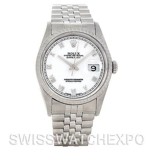 This is a front view of a Rolex Datejust watch, displaying the dial, bezel, crown, and jubilee bracelet.