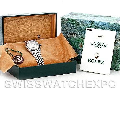 The Rolex Datejust 16200 Men's Stainless Steel Beige Dial 16200 Men's Stainless Steel Beige Dial watch is displayed in its open box alongside certification documents and a tag, viewed from an angled front perspective.