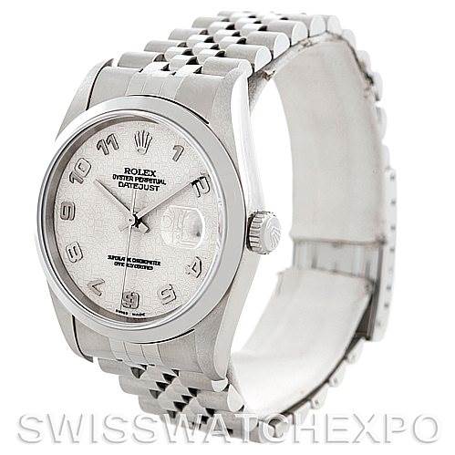 The image shows a side angle of a Rolex Datejust 16200 Men's Stainless Steel Beige Dial 16200 Men's Stainless Steel Beige Dial watch, displaying its dial, bezel, crown, and Jubilee bracelet.