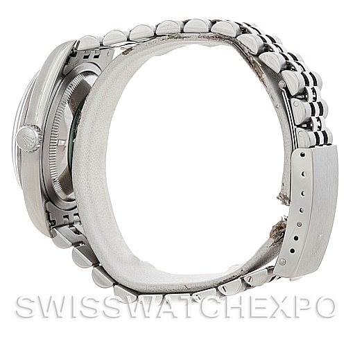 The Rolex Datejust 16200 Men's Stainless Steel Beige Dial 16200 Men's Stainless Steel Beige Dial watch is shown from the side angle, highlighting the case, crown, and partial bracelet.