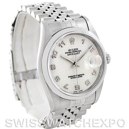 This image shows a front view of the Rolex Datejust 16200 Men's Stainless Steel Beige Dial 16200 Men's Stainless Steel Beige Dial watch, highlighting its face, bezel, and jubilee bracelet.