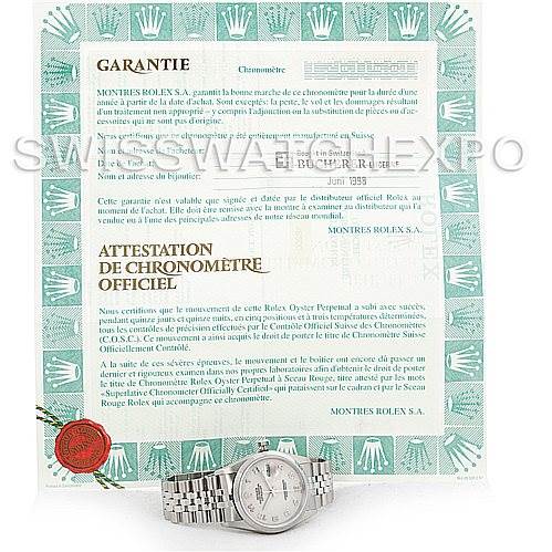 The image shows a Rolex Datejust 16200 Men's Stainless Steel Beige Dial 16200 Men's Stainless Steel Beige Dial watch at a front angle along with its official guarantee and chronometer certification.